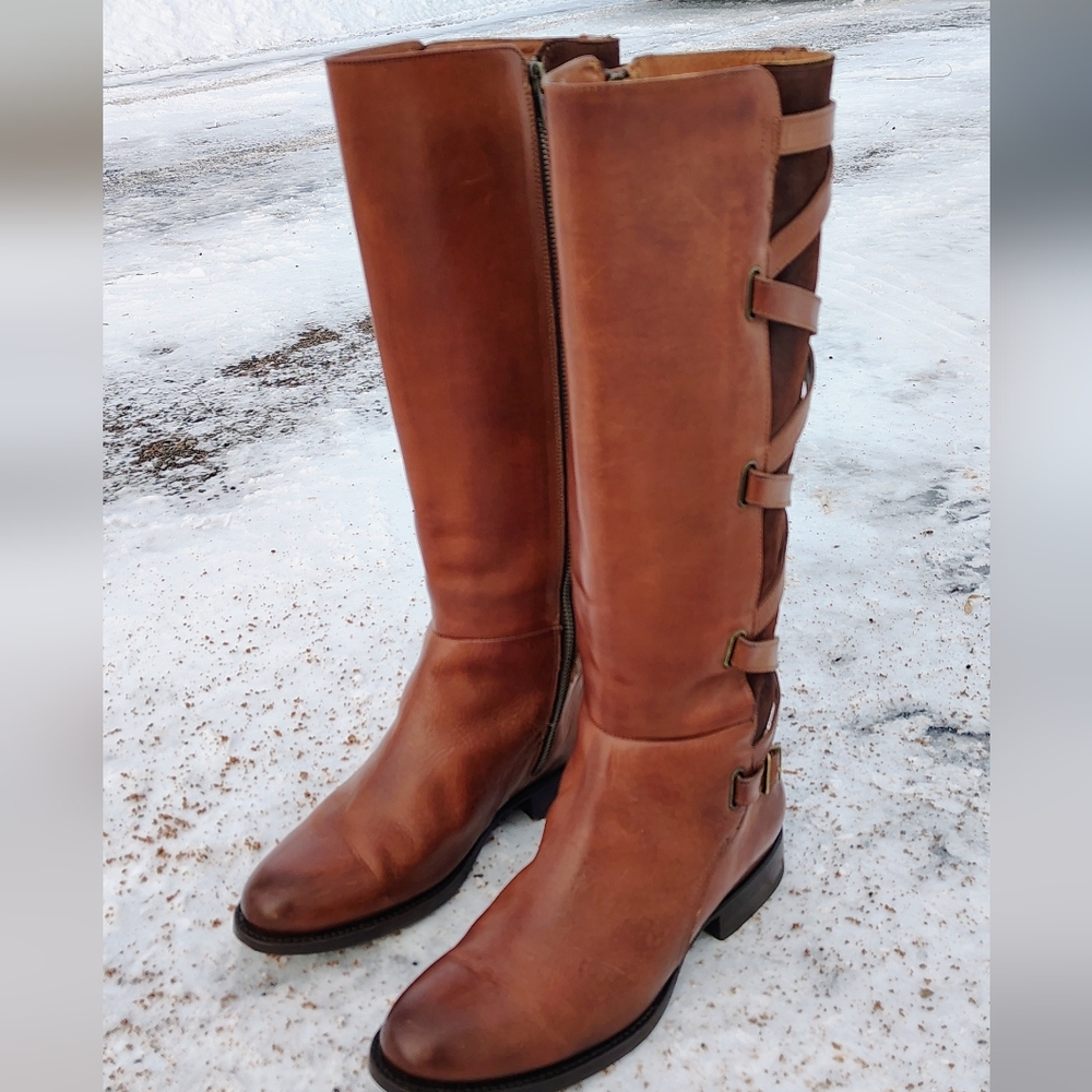 Frye Jordan Leather And Suede Cross Strap Riding Boots - Picture 14 of 16